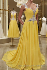 A-Line/Princess Straps Sweep Train Chiffon Semi Formal Prom Dresses With Beading
