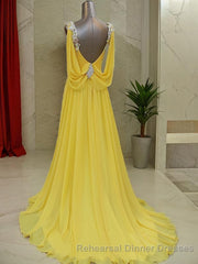 A-Line/Princess Straps Sweep Train Chiffon Semi Formal Prom Dresses With Beading