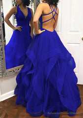 A-line Princess V Neck Sleeveless Tulle Long/Floor-Length Prom Dresses With Pleated