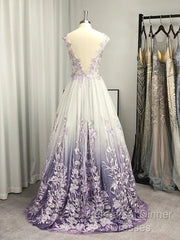 A-Line/Princess V-Neck Tulle Applique Sleeveless Floor-Length Semi Formal Prom Dresses