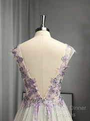 A-Line/Princess V-Neck Tulle Applique Sleeveless Floor-Length Semi Formal Prom Dresses