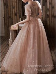 A-Line Semi Formal Prom Dresses Elegant Dress Engagement Semi Formal Prom Floor Length Half Sleeve Square Neck Satin With Appliques