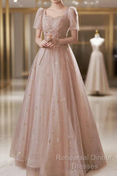 A-Line Semi Formal Prom Dresses Elegant Dress Engagement Semi Formal Prom Floor Length Half Sleeve Square Neck Satin With Appliques