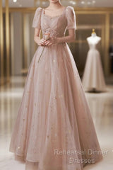 A-Line Semi Formal Prom Dresses Elegant Dress Engagement Semi Formal Prom Floor Length Half Sleeve Square Neck Satin With Appliques