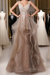 A-Line Evening Prom Dress Open Back Dress Formal Wedding Party Floor Length Sleeveless Spaghetti Strap Lace With Ruffles Appliques