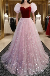 A-Line Semi Formal Prom Dresses Princess Dress Semi Formal Prom Floor Length Short Sleeve Sweetheart Tulle With Sequin