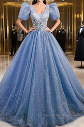 A-Line Semi Formal Prom Dresses Puffy Dress Quinceanera Floor Length Short Sleeve V Neck Tulle With Sequin