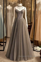 A-Line Semi Formal Prom Dresses Sexy Dress Formal Floor Length Sleeveless Strap Tulle With Pleats Crystals