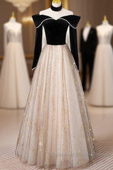 A-Line Semi Formal Prom Dresses Sparkle & Shine Dress Engagement Floor Length Long Sleeve Sweetheart Tulle With Sequin