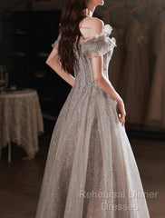 A-Line Semi Formal Prom Dresses Sparkle & Shine Dress Wedding Guest Semi Formal Prom Floor Length Short Sleeve Off Shoulder Polyester With Sequin Ruffles