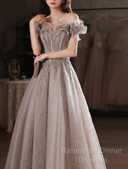 A-Line Semi Formal Prom Dresses Sparkle & Shine Dress Wedding Guest Semi Formal Prom Floor Length Short Sleeve Off Shoulder Polyester With Sequin Ruffles