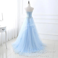 A Line Semi Formal Prom Dresses Sweetheart Tulle With Applique Sweep Train