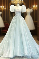 A-Line Puff Sleeves Blue Long Semi Formal Prom Dress, Tulle Formal Evening Dress