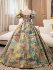 A-Line Puff Sleeves Gold Long Semi Formal Prom Dress Quinceanera Dress With Flower Elegant