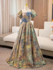 A-Line Puff Sleeves Gold Long Semi Formal Prom Dress Quinceanera Dress With Flower Elegant