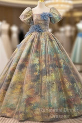 A-Line Puff Sleeves Gold Long Semi Formal Prom Dress Quinceanera Dress With Flower Elegant