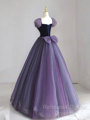 A-Line Puff Sleeves Tulle Velvet Purple Long Semi Formal Prom Dress, Purple Long Formal Dress
