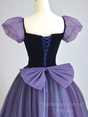 A-Line Puff Sleeves Tulle Velvet Purple Long Semi Formal Prom Dress, Purple Long Formal Dress