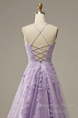 A-Line Purple Spaghetti Straps Long Semi Formal Prom Dress With Appliques