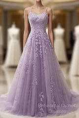 A-Line Purple Spaghetti Straps Long Semi Formal Prom Dress With Appliques