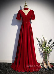 A-Line Red High Neckline Velvet Long Party Dress Short Sleeves Velvet Semi Formal Prom Dress