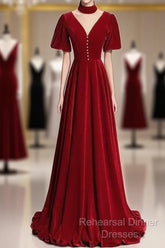 A-Line Red High Neckline Velvet Long Party Dress Short Sleeves Velvet Semi Formal Prom Dress