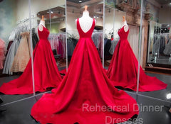 A Line Red Semi Formal Prom Dresses V Neck Satin Long Evening Dress