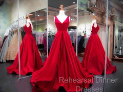 A Line Red Semi Formal Prom Dresses V Neck Satin Long Evening Dress