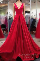 A Line Red Semi Formal Prom Dresses V Neck Satin Long Evening Dress