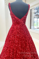 A-Line Red Sequin Quince Dresses Square Neck Backless Long Semi Formal Prom Dresses