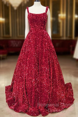 A-Line Red Sequin Quince Dresses Square Neck Backless Long Semi Formal Prom Dresses