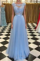 A Line Round Neck Blue Lace Appliques Tulle Long Semi Formal Prom Dresses, Blue Lace Graduation Dresses, Blue Evening Formal Dresses