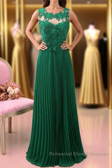 A Line Round Neck Green Lace Long Semi Formal Prom Dresses Bridesmaid Dresses, Open Back Lace Green Formal Dresses, Green Lace Evening Dresses