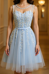 A Line Round Neck Lace Blue Short Semi Formal Prom Dresses, Short Blue Lace Formal Graduation Homecoming Dresses