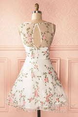 A Line Round Neck Short Lace Floral Semi Formal Prom Dresses, Short Lace Floral Formal Homecoming Dresses