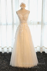 A Line Round Neck Sleeveless Lace Grey/Pink/Champagne Semi Formal Prom Dresses, Lace Formal Dresses, Evening Dresses