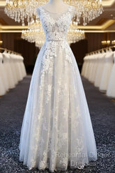 A Line Round Neck Sleeveless Lace Grey/Pink/Champagne Semi Formal Prom Dresses, Lace Formal Dresses, Evening Dresses