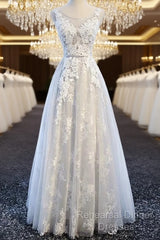 A Line Round Neck Sleeveless Lace Grey/Pink/Champagne Semi Formal Prom Dresses, Lace Formal Dresses, Evening Dresses