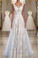 A Line Round Neck Sleeveless Lace Semi Formal Prom Dresses, Lace Formal Dresses