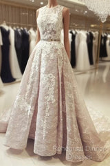 A Line Round Neck Sleeveless Ruched Lace Long Semi Formal Prom Wedding Dress With Belt