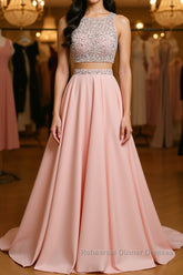 A Line Round Neck Two Pieces Beaded Pink Semi Formal Prom Dresses, Two Pieces Pink Formal Dresses, Pink Evening Dresses