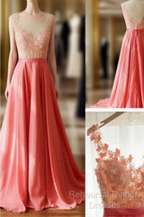 A Line Round Neck V Neck Back Long Coral Lace Semi Formal Prom Dress, Long Lace Formal Dresses, Evening Dresses, Bridesmaid Dresses