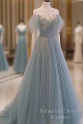 A-Line Round Neckline Blue Tulle With Lace Long Party Dress, Tulle Evening Dress Semi Formal Prom Dress