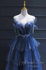 A Line Royal Blue Tulle Beaded Long Senior Semi Formal Prom Dress