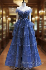 A Line Royal Blue Tulle Beaded Long Senior Semi Formal Prom Dress