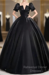 A-Line Satin Black Long Semi Formal Prom Dress Quinceanera Dress Short Sleeves Evening Dress