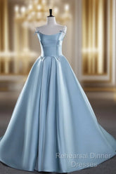 A-Line Satin Blue Long Semi Formal Prom Dress, Blue Long Evening Dress