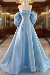 A-Line Satin Blue Long Semi Formal Prom Dress With Bow