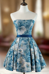 A-Line Satin Blue Short Semi Formal Prom Dress, Blue Homecoming Dress