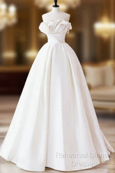 A-Line Satin Ivory Long Semi Formal Prom Dress, Ivory Long Evening Dress